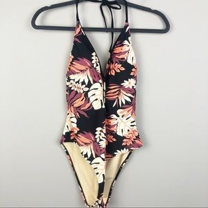 CUPSHE | Black Leaf Print One Piece Swimsuit Large